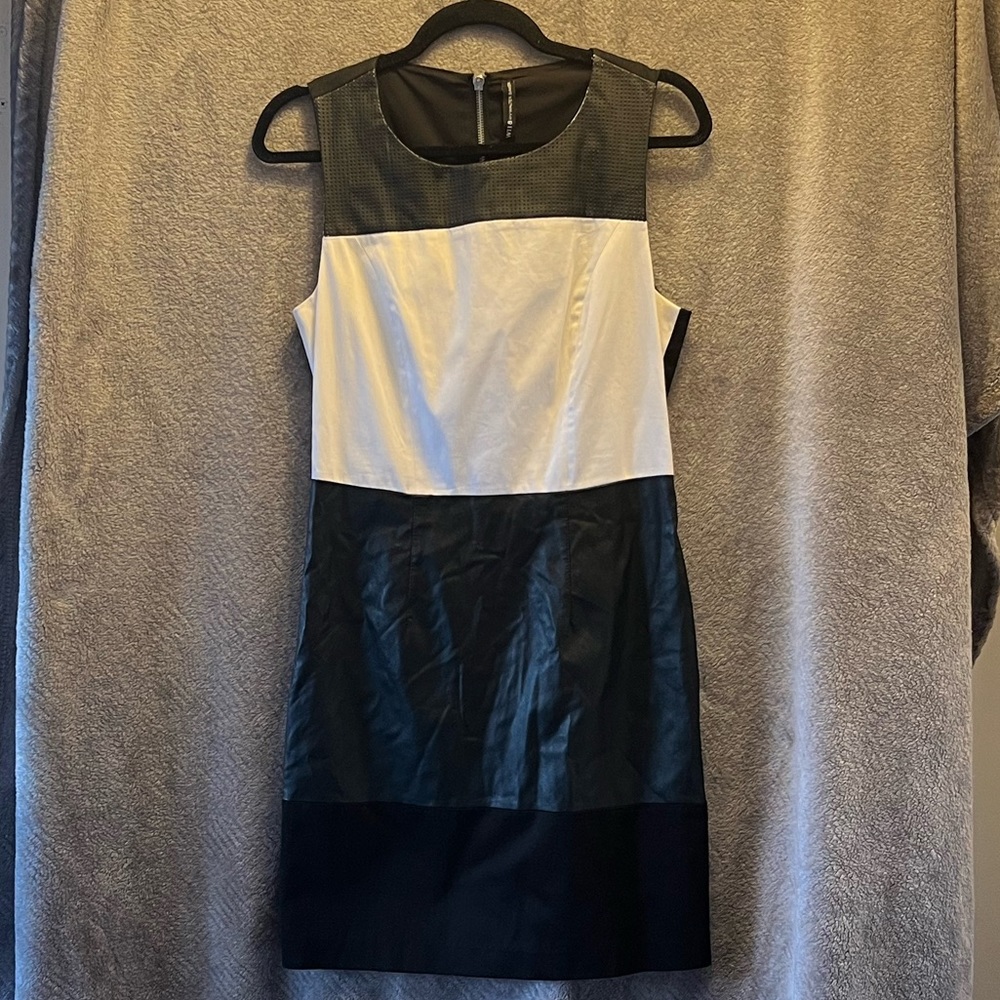 W118 Walter Baker black and white cocktail dress with faux leather detail